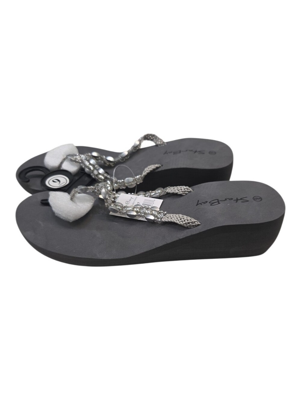 Star Bay Gray Beaded Wedge Flip Flops Sandals NWT